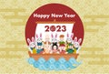 2023 New Year\'s card. Year of the Rabbit. Rabbit and the seven deities of good luck of Japan.